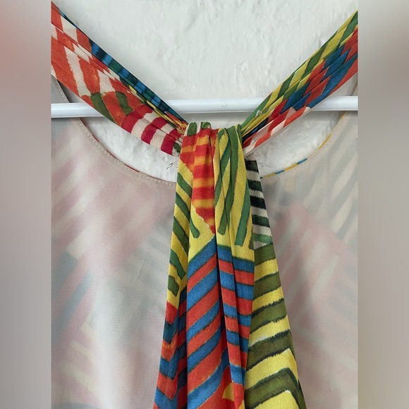 Alice + Olivia Geometric Stripe Dress Mini Halter Multicolor Print Shift; size L - Picture 4 of 7